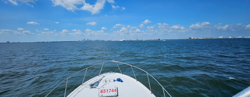 Slide: The Image of 1982 Bertram 38 Convertible cruising on open water under a clear blue sky. - 45