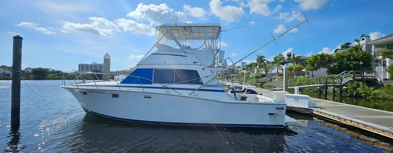 Slide: The Image of 1982 Bertram 38 Convertible yacht docked on a sunny day, with clear blue skies. - 46