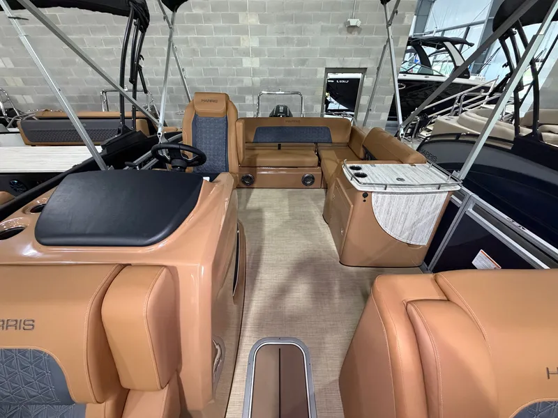 Slide: The Image of Interior of a 2026 Harris Solstice 250 with luxurious leather seating and modern design. - 25