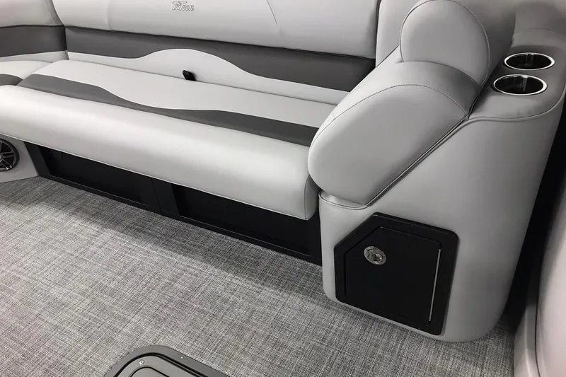 Slide: The Image of Luxurious seating in 2026 JC NEPTOON SPORT 21TT boat with cup holders and storage. - 21