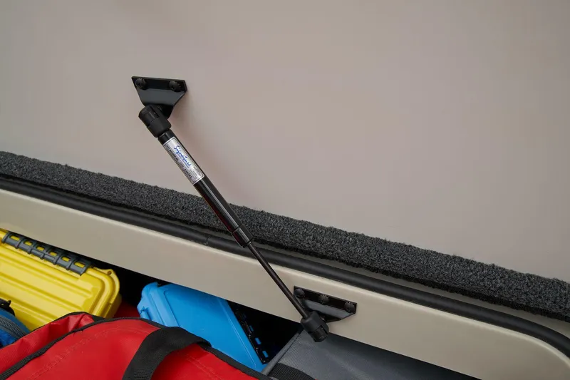 Slide: The Image of Manufacturer Provided Image: Storage compartment in 2026 Ranger Z185 boat with colorful gear and hydraulic support. - 28