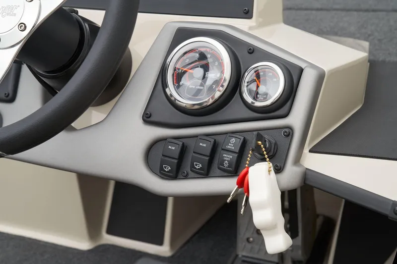 Slide: The Image of Manufacturer Provided Image: Dashboard of 2026 Ranger Z185 boat with gauges and control switches. - 42