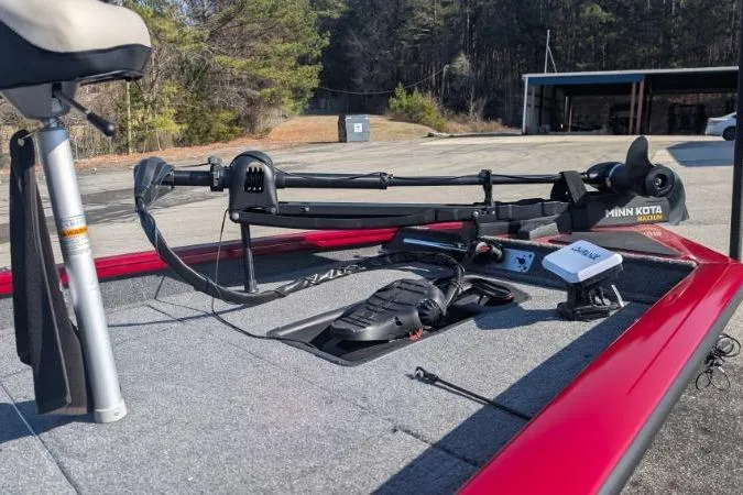 Slide: The Image of 2025 Tracker Pro Team 175 TXW Tournament Edition boat deck with Minn Kota motor. - 3