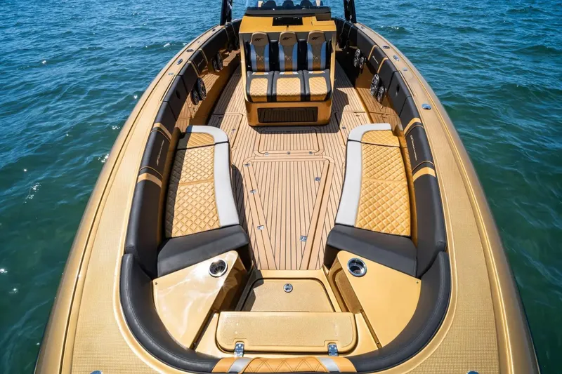 Slide: The Image of Luxurious 2023 Midnight Express 43 Open boat interior with elegant seating on water. - 4