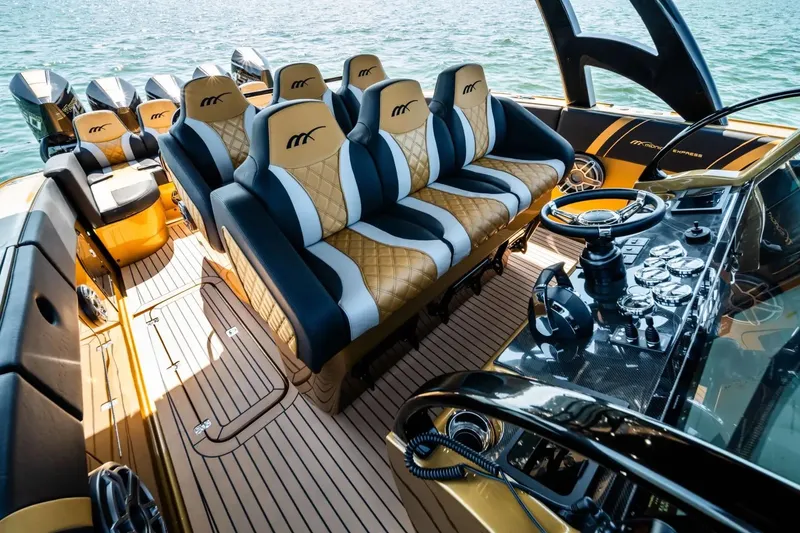 Slide: The Image of Luxurious 2023 Midnight Express 43 Open boat interior with plush seating and advanced controls. - 8