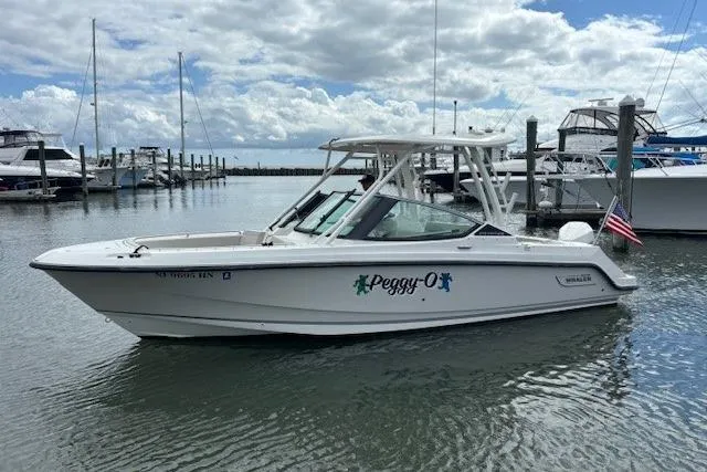 The Image of 2022 Boston Whaler 240 Vantage boat docked in a marina under cloudy skies. - 0