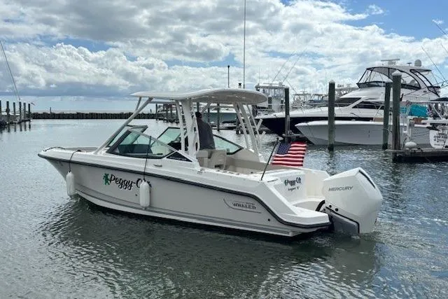 Slide: The Image of 2022 Boston Whaler 240 Vantage boat docked in marina, featuring Mercury engine. - 1