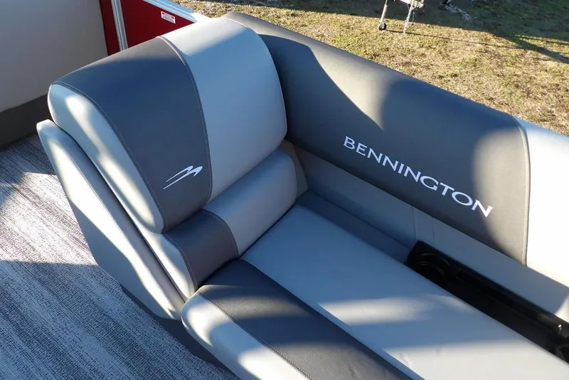 Slide: The Image of 2026 Bennington 21 S L-Bench boat seat with gray upholstery. - 15