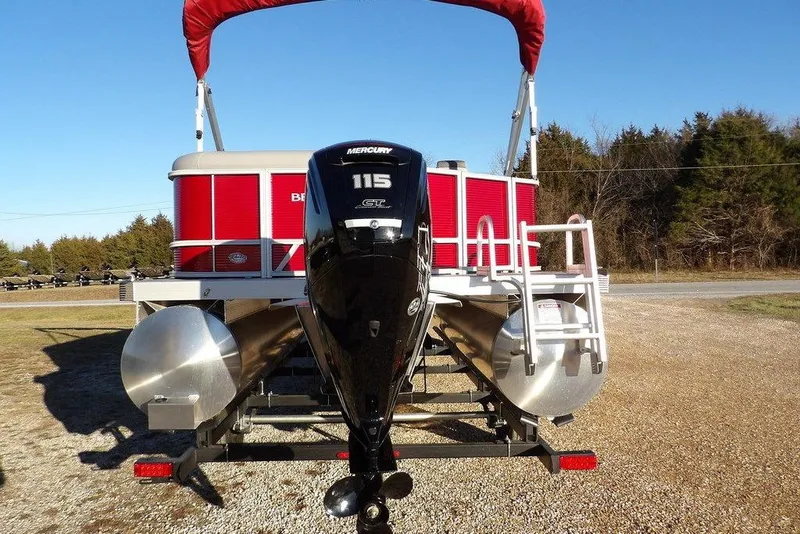 Slide: The Image of 2026 Bennington 21 S L-Bench pontoon boat with Mercury 115 GT engine, red canopy. - 5