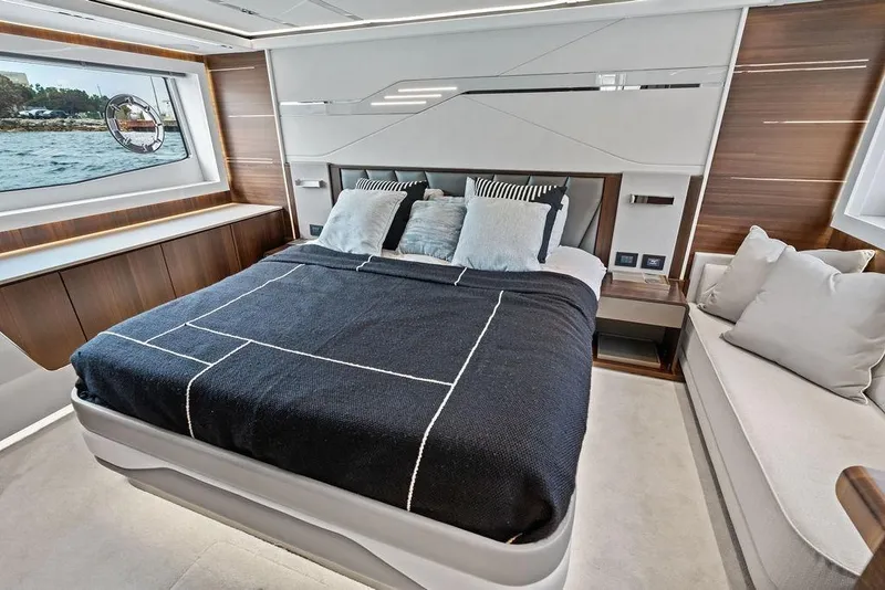 Slide: The Image of Luxurious bedroom interior of 2022 Sunseeker 65 Sport Yacht with modern design and sea view. - 37