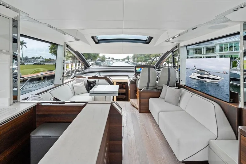 Slide: The Image of Luxurious interior of 2022 Sunseeker 65 Sport Yacht with modern seating and panoramic views. - 77