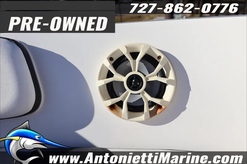 Slide: The Image of Pre-owned 2022 Bayliner VR4 Bowrider OB speaker detail with contact information. - 13