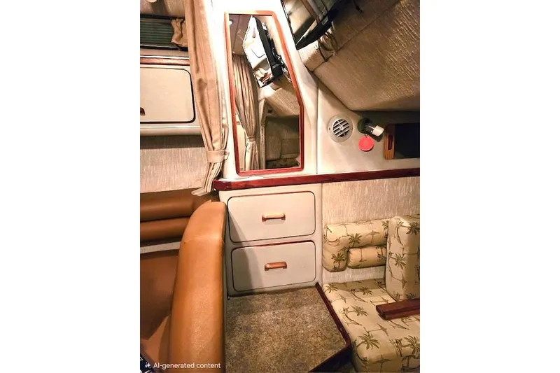 Slide: The Image of Interior of 1990 Sea Ray Sundancer 310 with cozy seating and storage. - 10
