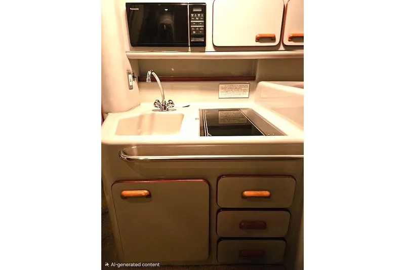 Slide: The Image of 1990 Sea Ray Sundancer 310 galley with sink, stove, and microwave. - 15