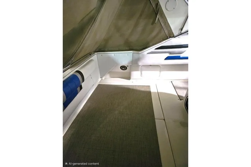 Slide: The Image of 1990 Sea Ray Sundancer 310 interior with carpeted floor and seating area. - 8