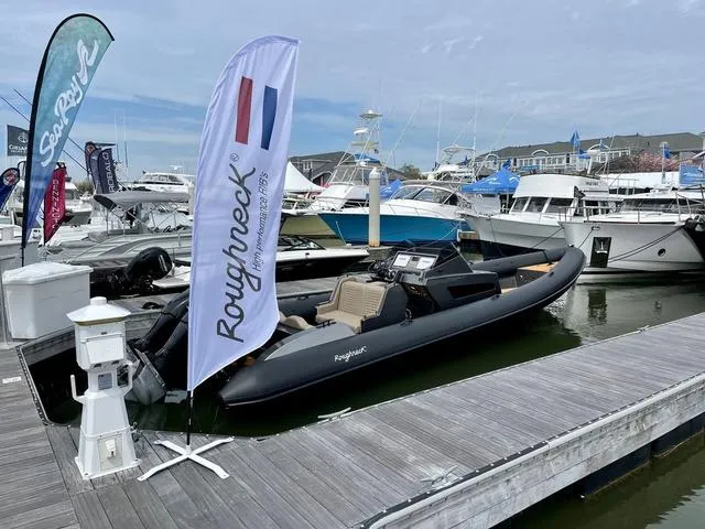 Slide: The Image of Roughneck RIB 1010 boat docked at marina, 2022 model, with promotional flags. - 3