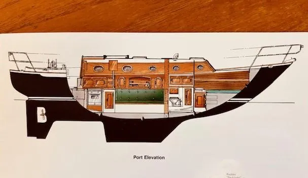 Slide: The Image of Port elevation diagram of a 1986 Pacific Seacraft 34 sailboat interior layout. - 25