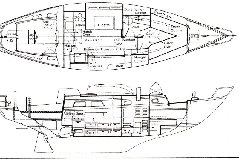 Slide: The Image of Blueprint of a 1973 Bristol 40 sloop, showcasing interior layout and design features. - 14