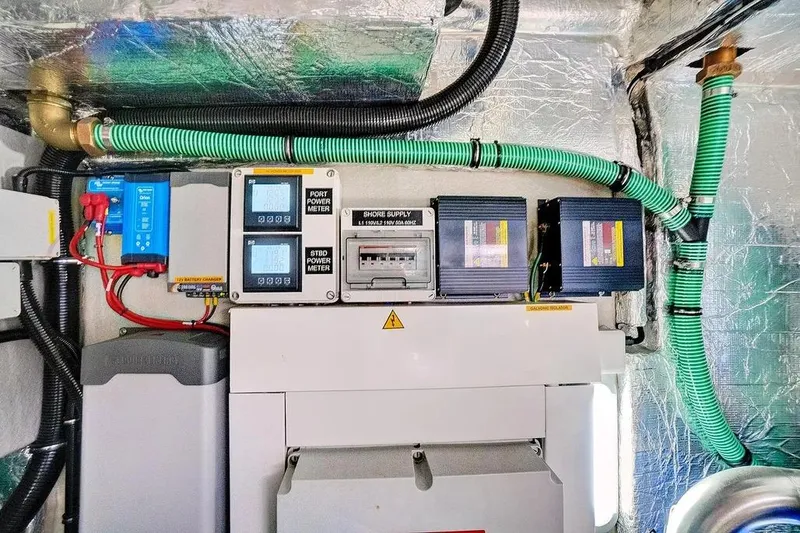 Slide: The Image of Electrical control panel in a 2017 Sunseeker 68 Sport Yacht engine room. - 42