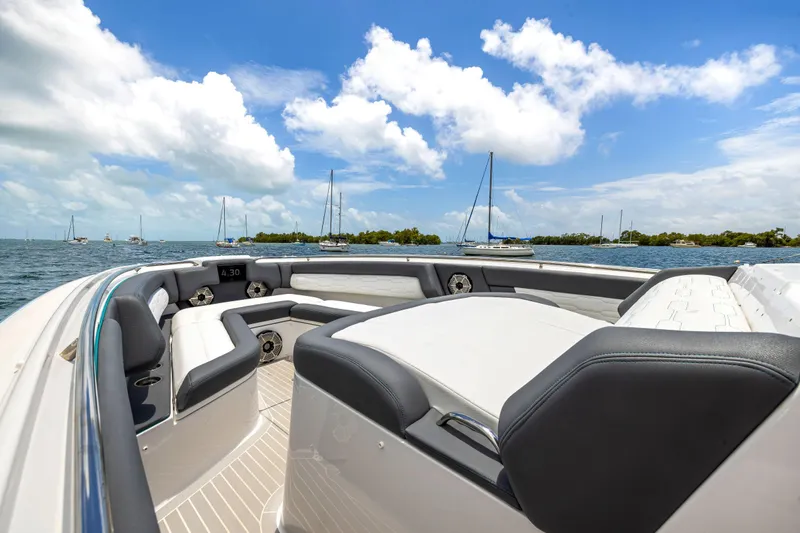 Slide: The Image of 2022 Cigarette 42 Auroris luxury boat interior with ocean view and blue sky. - 18