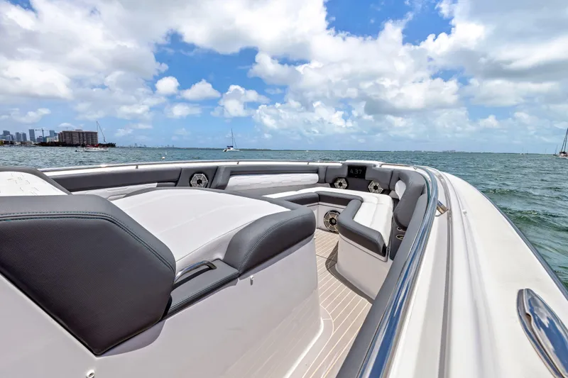 Slide: The Image of 2022 Cigarette 42 Auroris boat interior with luxurious seating on open water. - 20