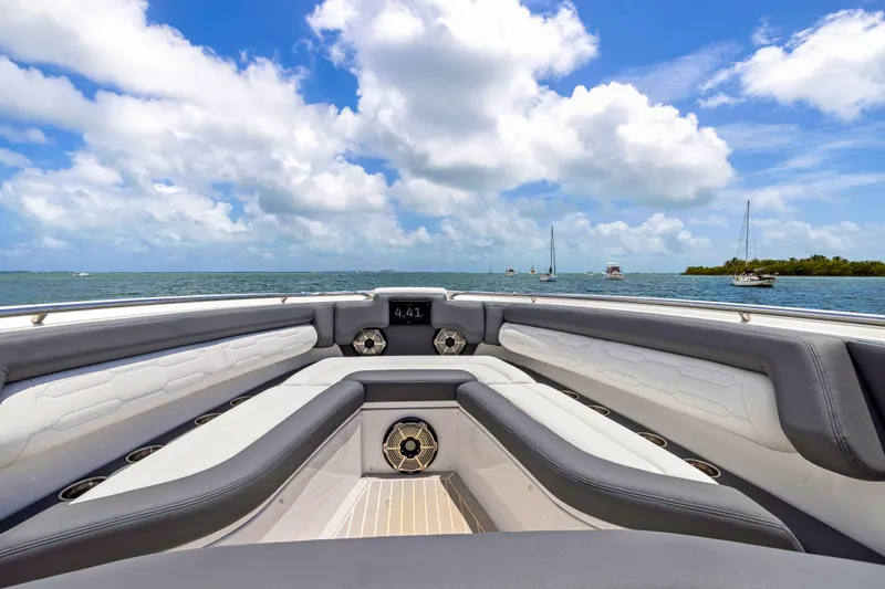 Slide: The Image of 2022 Cigarette 42 Auroris boat interior with ocean view and blue sky. - 21