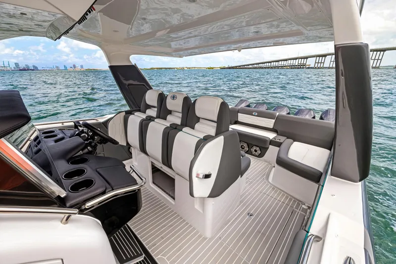 Slide: The Image of Luxurious 2022 Cigarette 42 Auroris boat interior with sleek seating and ocean view. - 31