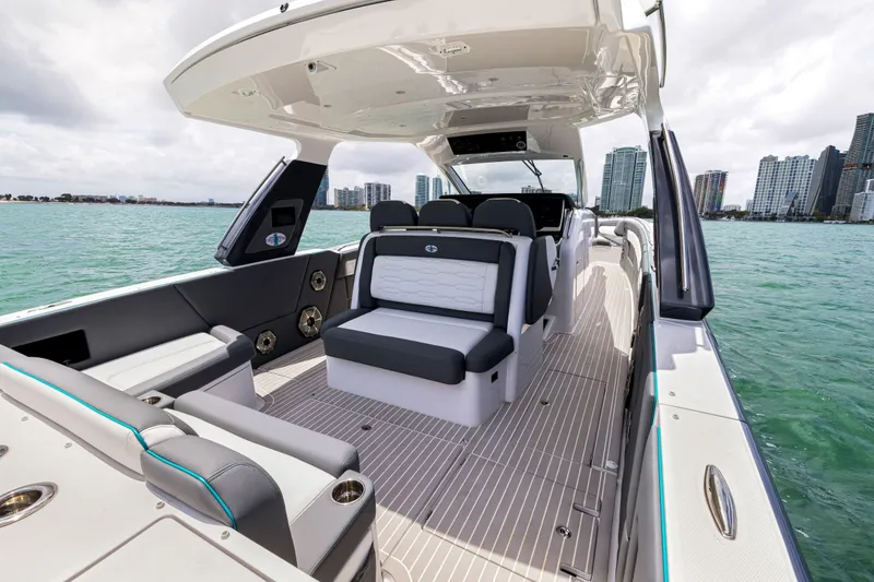 Slide: The Image of 2022 Cigarette 42 Auroris luxury boat interior on open water. - 35