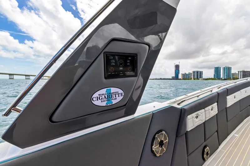 Slide: The Image of 2022 Cigarette 42 Auroris boat interior with city skyline and water view. - 39