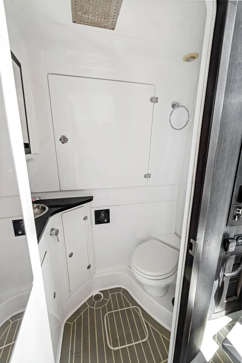 Slide: The Image of 2022 Cigarette 42 Auroris boat bathroom with modern fixtures and compact design. - 45