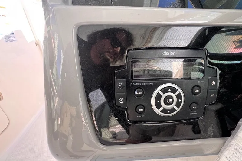 Slide: The Image of Clarion audio system on 2021 Robalo R317 Dual Console boat dashboard. - 37