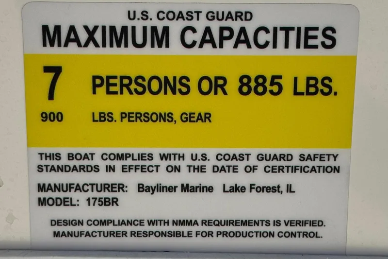 Slide: The Image of 2015 Bayliner 175 Bowrider capacity label, 7 persons or 885 lbs, U.S. Coast Guard compliant. - 25