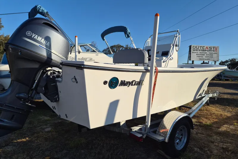 Slide: The Image of 2026 May-Craft 192 boat with Yamaha engine on trailer at Outcast Watersports. - 2