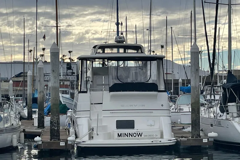 Slide: The Image of 2006 Carver 39 Motor Yacht docked in marina, overcast sky, San Diego, CA. - 19