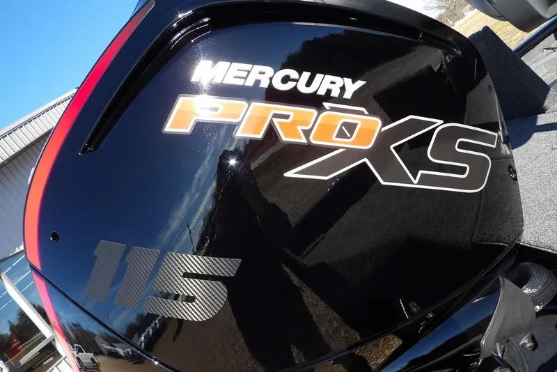 Slide: The Image of Mercury Pro XS 115 engine on 2026 Lund 1875 Renegade boat, close-up view. - 34