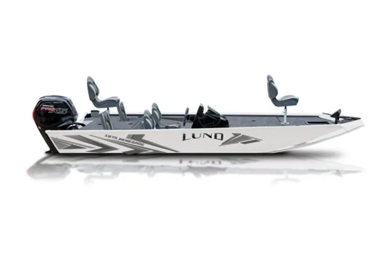 Slide: The Image of 2026 Lund 1875 Renegade fishing boat, sleek design, multiple seats, powerful outboard motor. - 49