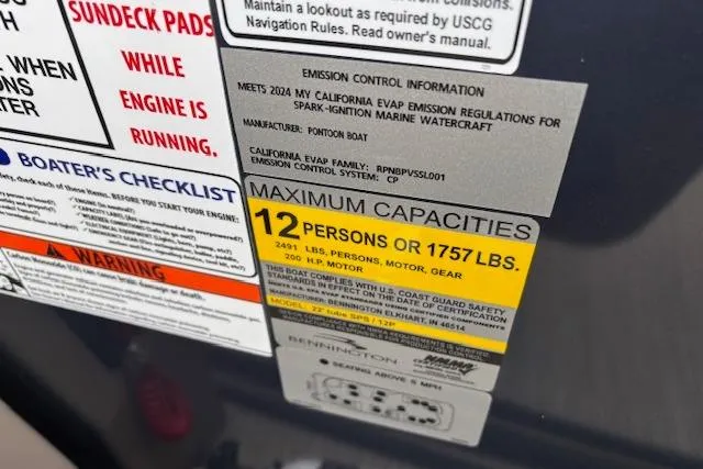 Slide: The Image of 2025 Bennington 23 SXPD capacity label, max 12 persons or 1757 lbs, safety instructions visible. - 19
