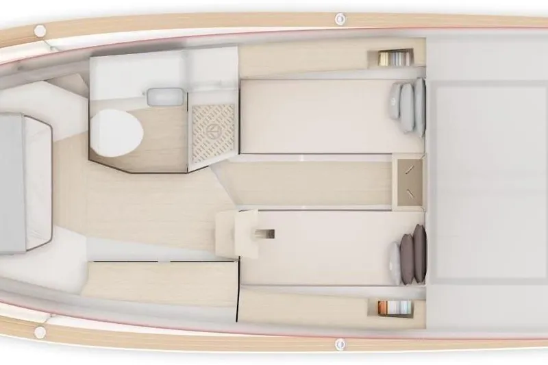 Slide: The Image of 2023 Tesoro T38 yacht interior layout with bathroom, seating, and storage areas. - 2