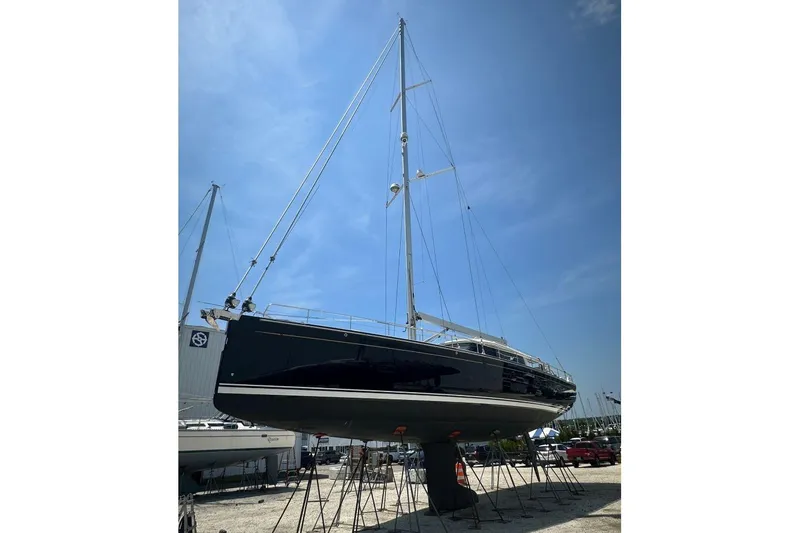 Slide: The Image of Sailboat Moody 54 DS 2019 on dry dock under clear blue sky. - 5