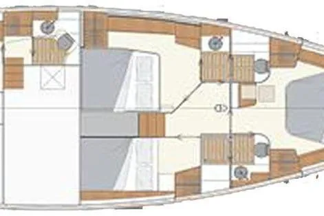 Slide: The Image of Floor plan of 2019 Moody 54 DS yacht, showcasing cabin layout and interior design. - 54