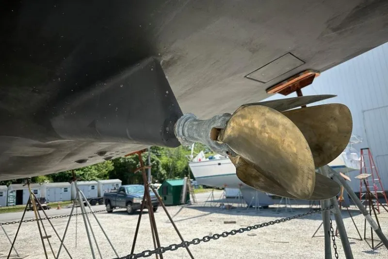 Slide: The Image of Close-up of a 2019 Moody 54 DS sailboat propeller in a boatyard. - 9