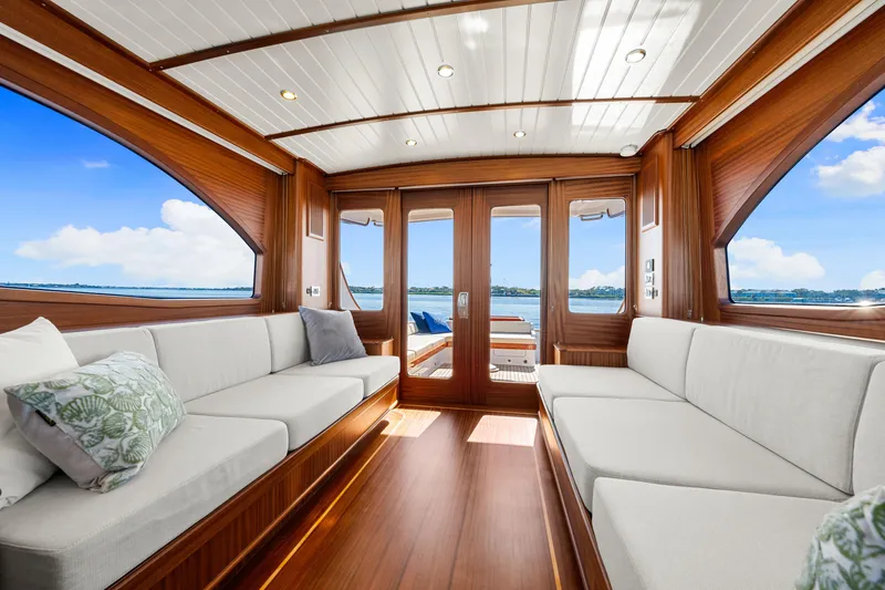Slide: The Image of Luxurious interior of 2026 Vicem 55 Classic yacht with elegant wood finish and scenic views. - 5
