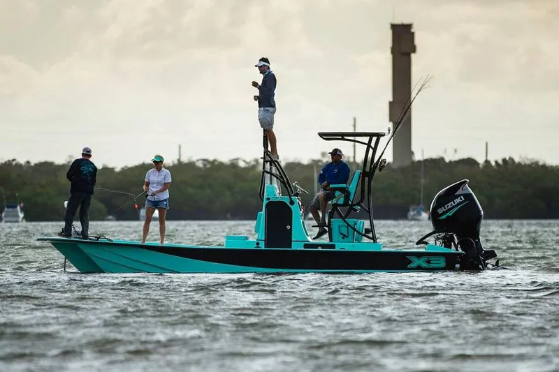 Slide: The Image of Manufacturer Provided Image: Four people fishing on a 2025 Shallow Sport 25 X3 boat in open water. - 4