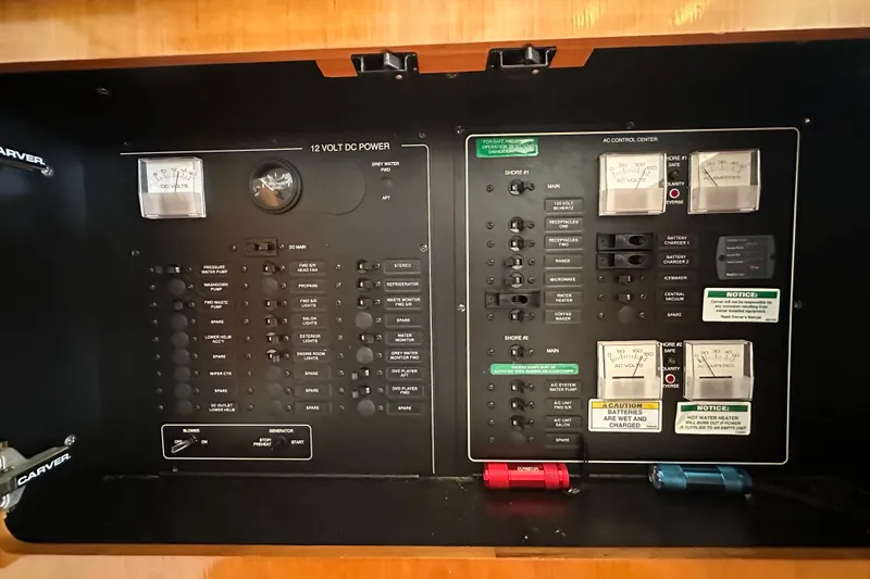 Slide: The Image of Electrical control panel of a 2005 Carver 36 Super Sport boat. - 36