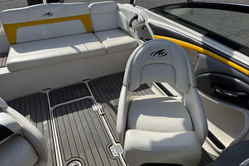 Slide: The Image of Interior of a 2014 Monterey 197 Blackfin boat with white seating and yellow accents. - 20
