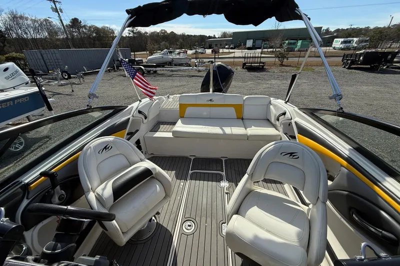 Slide: The Image of 2014 Monterey 197 Blackfin boat interior with seating and American flag displayed. - 7