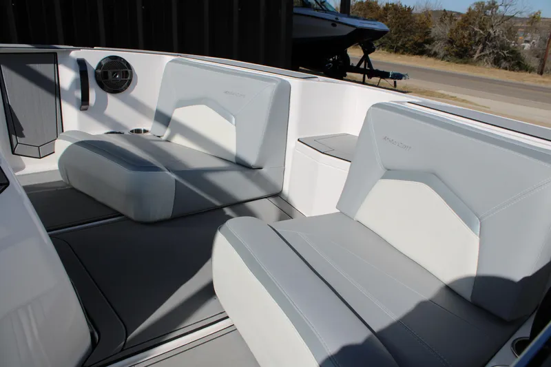 Slide: The Image of 2022 MasterCraft ProStar interior with sleek gray seating and modern design. - 12