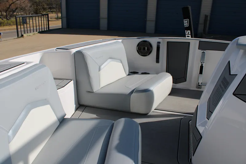 Slide: The Image of 2022 MasterCraft ProStar interior with sleek gray seating and modern design elements. - 9