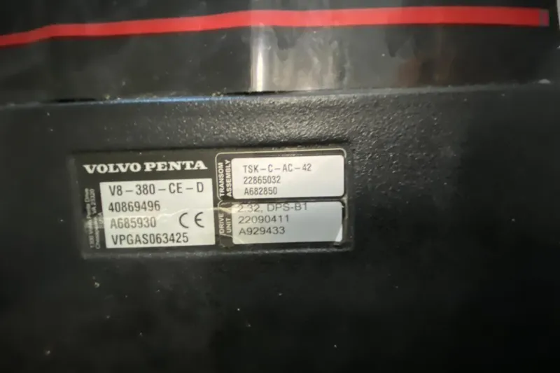 Slide: The Image of Volvo Penta engine label on 2017 Monterey 355 Sport Yacht, displaying model and serial numbers. - 48