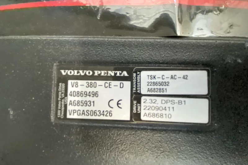 Slide: The Image of Volvo Penta engine label on 2017 Monterey 355 Sport Yacht, model V8-380-CE-D. - 49